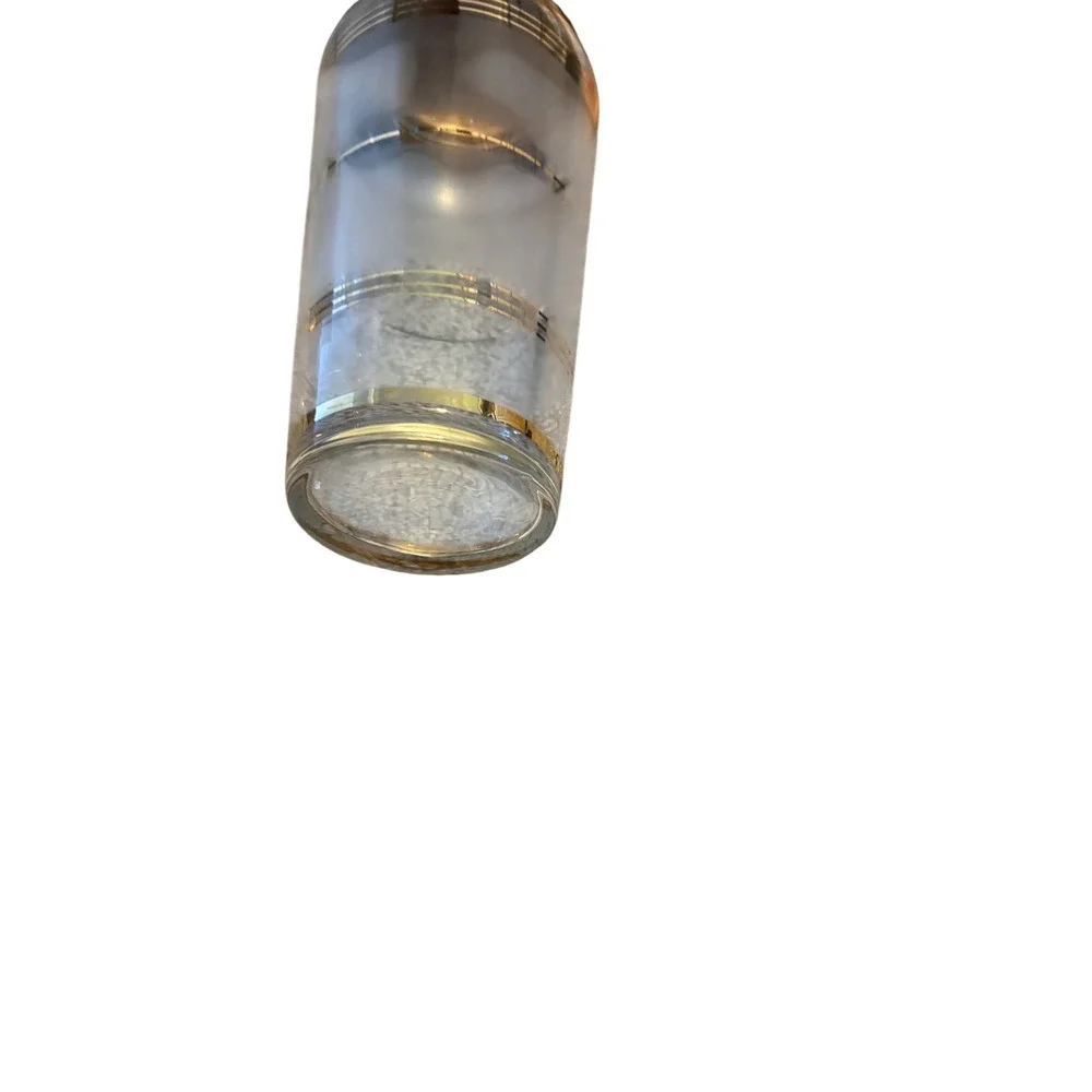 Vintage Frosted Glass Cocktail Shaker Gold Banded MCM Barware with Metal Lid
